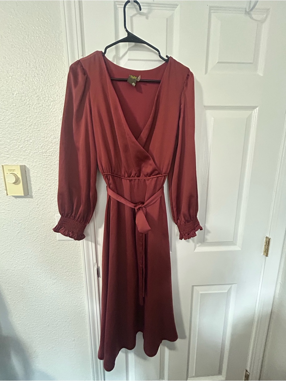 Taylor Brick-Red Long Sleeve Wrap Midi Dress with Tie